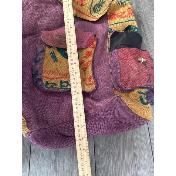Kathmandu Burlap Backpack Boho  Upcycled Rice Sack Jute Multicolor Festival Bag - Picture 3 of 5